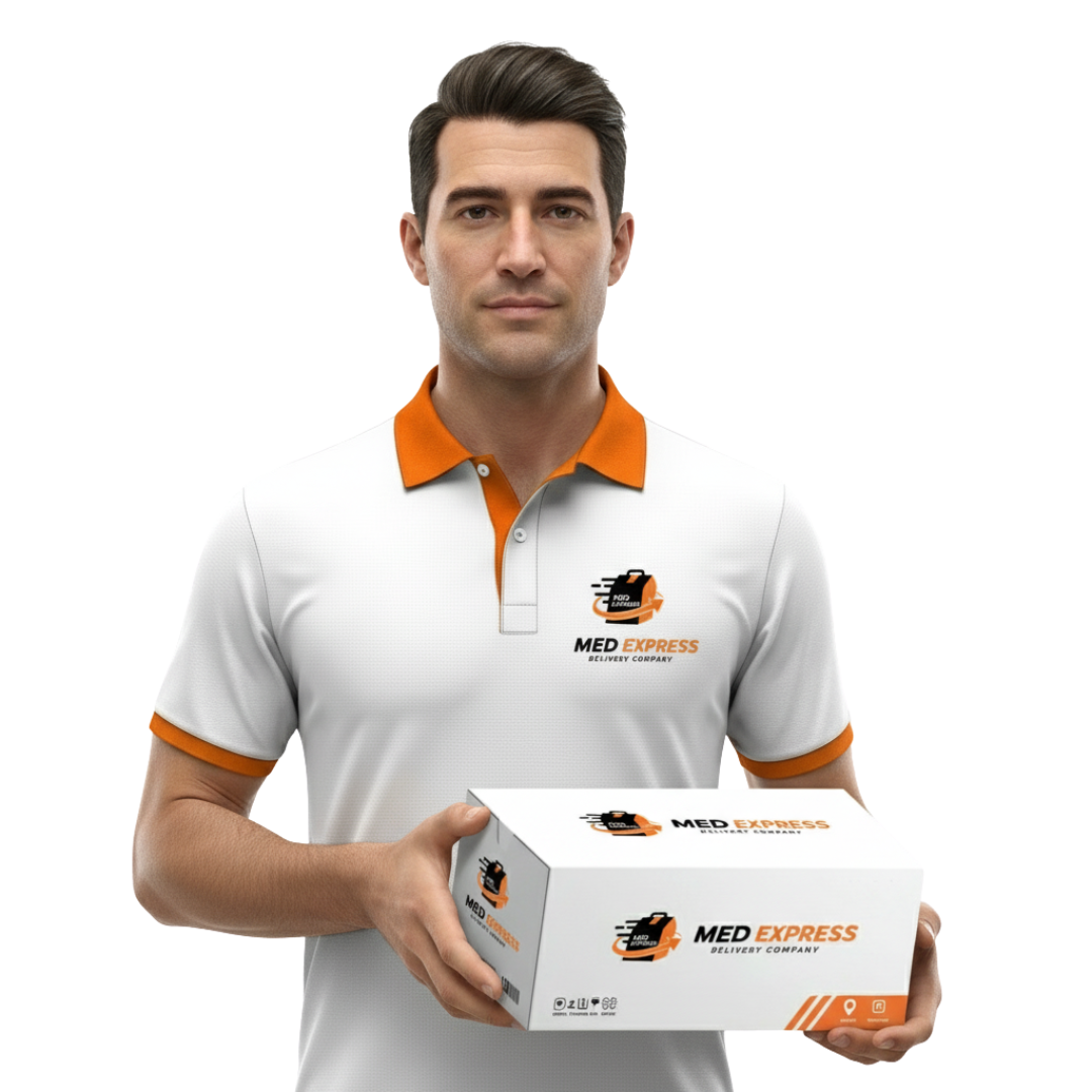 Med Express delivery specialist holding a branded parcel